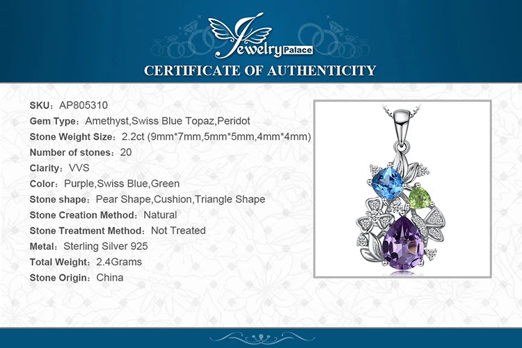 JewelryPalace Natural Amethyst Blue Topaz Peridot Chrome Diopside Flower Pendant Necklace 925 Sterling Silver Women No Chain