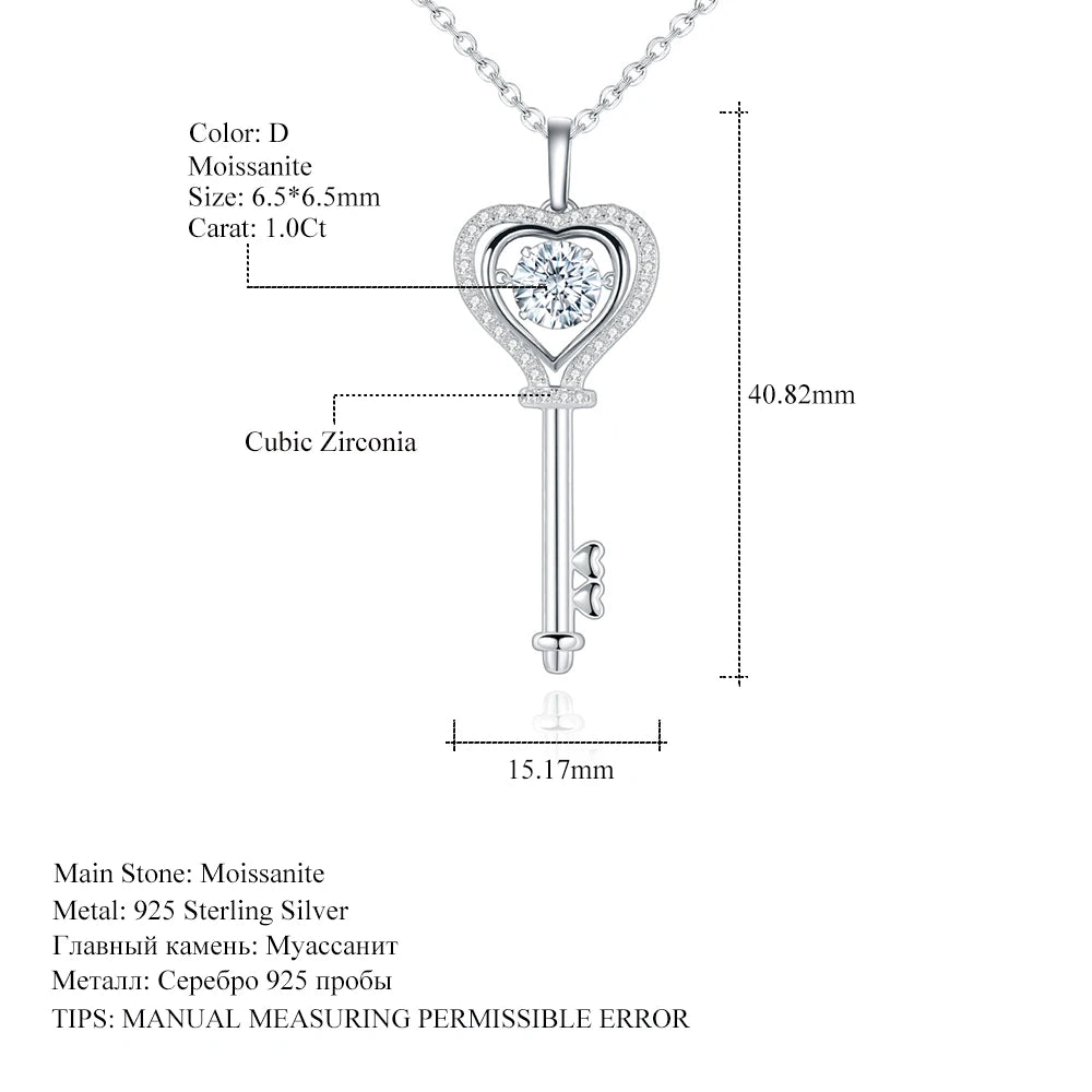 GEM'S BALLET 1.0Ct D Color Moissanite Diamond Key Pendant Necklace with Moissanite Stone 925 Sterling Silver Jewelry