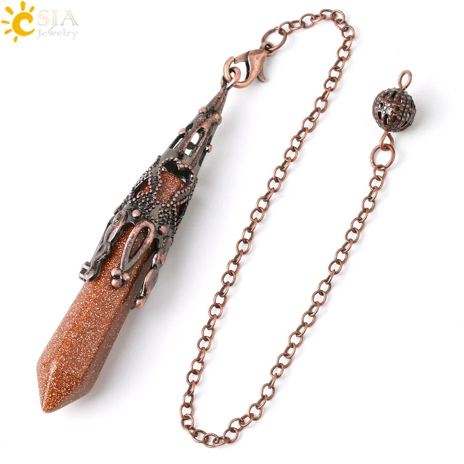 CSJA Crystal Pendulum for Divination Dowsing Gem Stone Pendant Antique Bronze Quartz Divinatory Pendulums Pendulo Pendules G883
