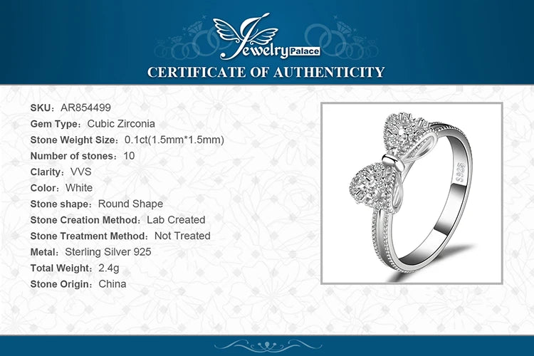 JewelryPalace Bow Knot 925 Sterling Silver Cubic Zirconia Ring for Women Fashion Jewelry Gift