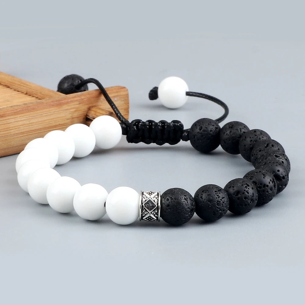 Fashion Black White Beaded Bracelets For Men 8mm Natural White Howlite Stone Beads Bracelet Women Meditation Prayer Jewelry Gift