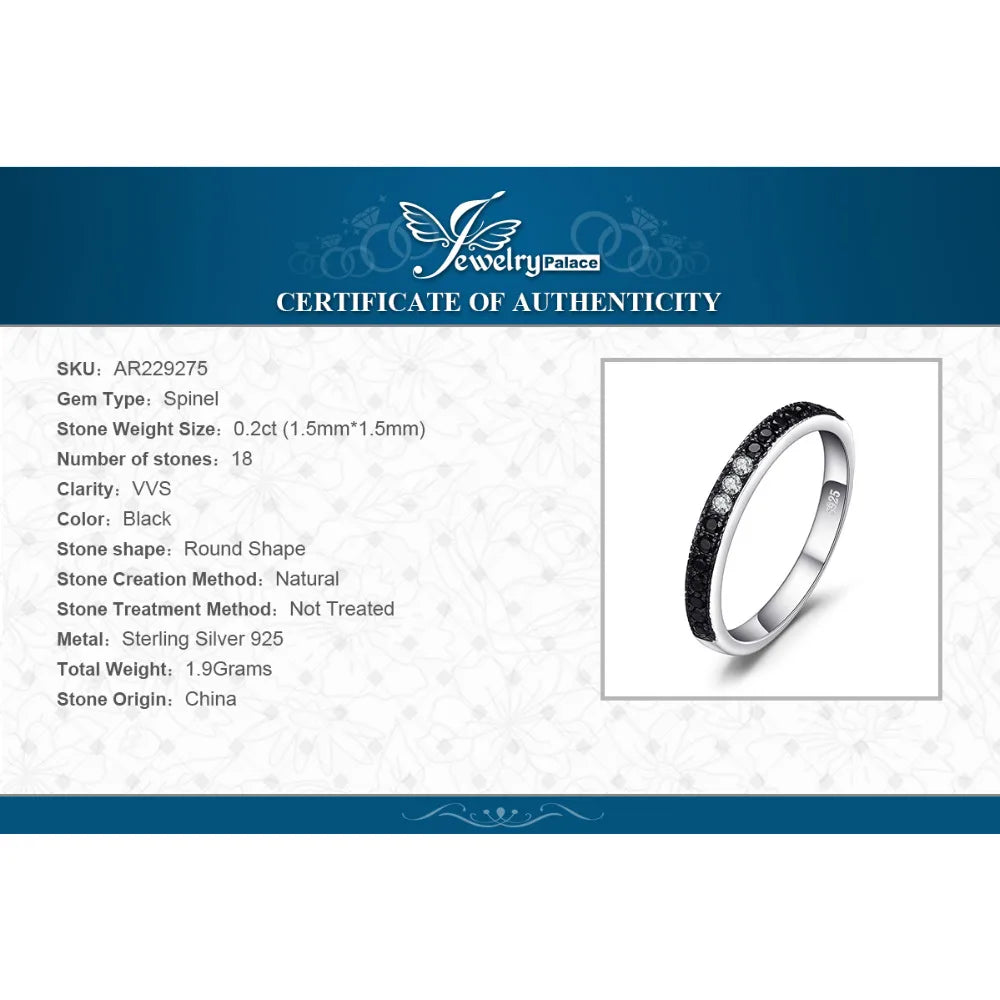 JewelryPalace Natural Black Spinel 925 Sterling Silver Band Wedding Engagement Ring for Women Trendy Gift Stackable Fine Jewelry