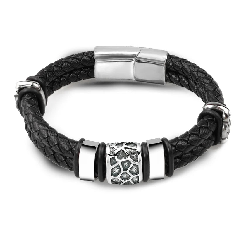 Brown Luxury 316L Stainless Steel Irregularly Cracked Man Bracelet Genuine Braided Leather Men's Jewelry Items