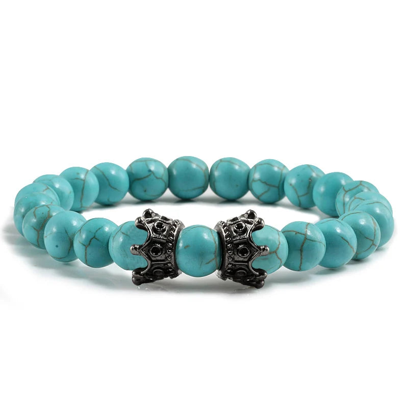 Pulsera de lava negra para hombre, pulseras hechas a mano con cuentas de piedra natural, brazalete para mujer, color dorado, pulsera de doble corona negra, joyería para pareja