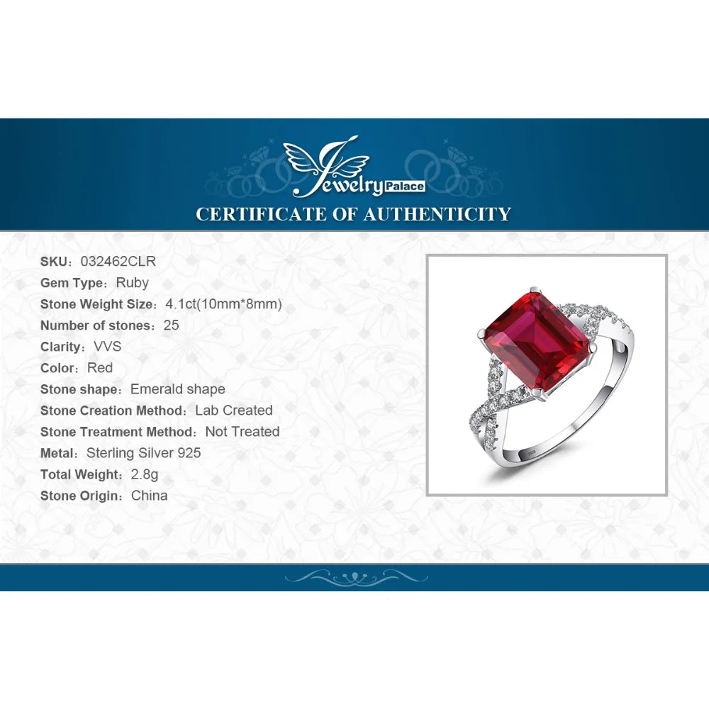 JewelryPalace 4.1ct Created Red Ruby 925 Sterling Silver Wedding Engagement Promise Ring for Women Fashion Party Jewelry Gift