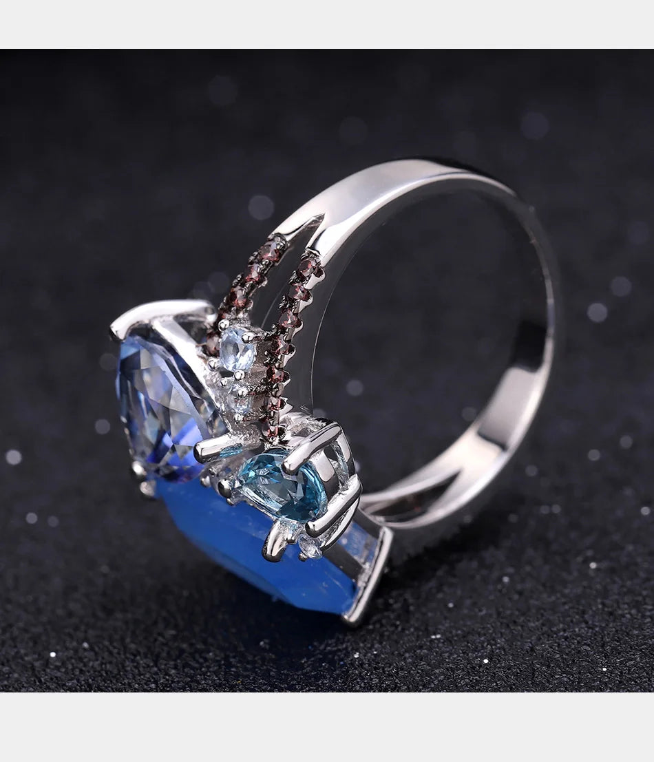GEM'S BALLET Anillos de calcedonia azul agua natural, anillo vintage con piedras preciosas de plata de ley 925 para mujer, joyería fina