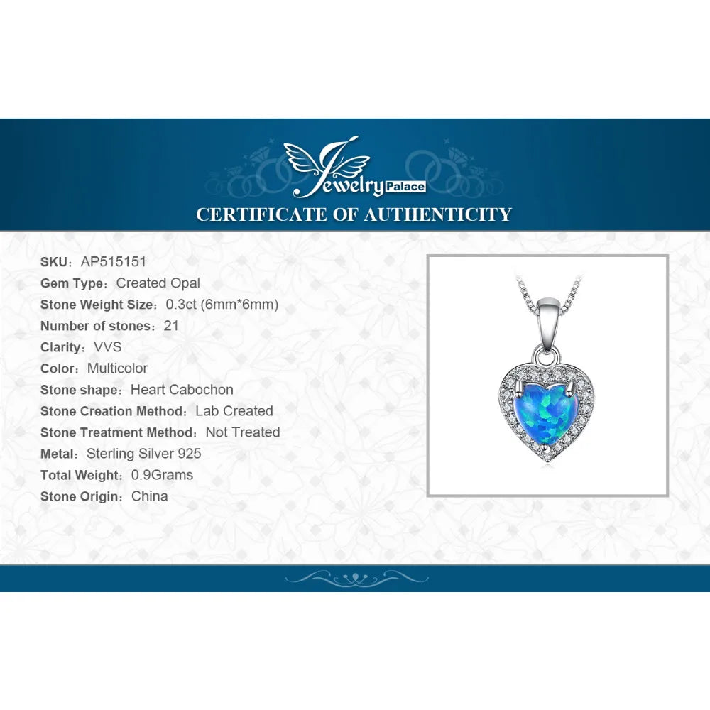 JewelryPalace Love Heart Created Blue Opal 925 Sterling Silver Pendant Necklace for Women Girl Fashion Fine Jewelry No Chain