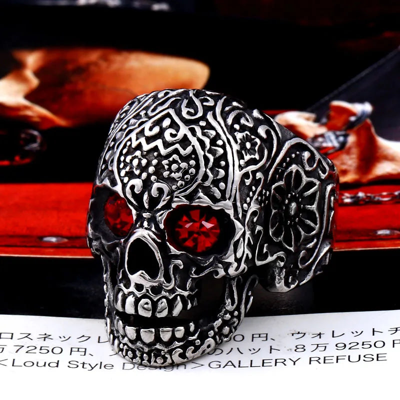Anillo Beier de acero inoxidable 316L con diseño de calavera para hombre, con ojos rojos y azules, joyería de alta calidad, LLBR8-644R