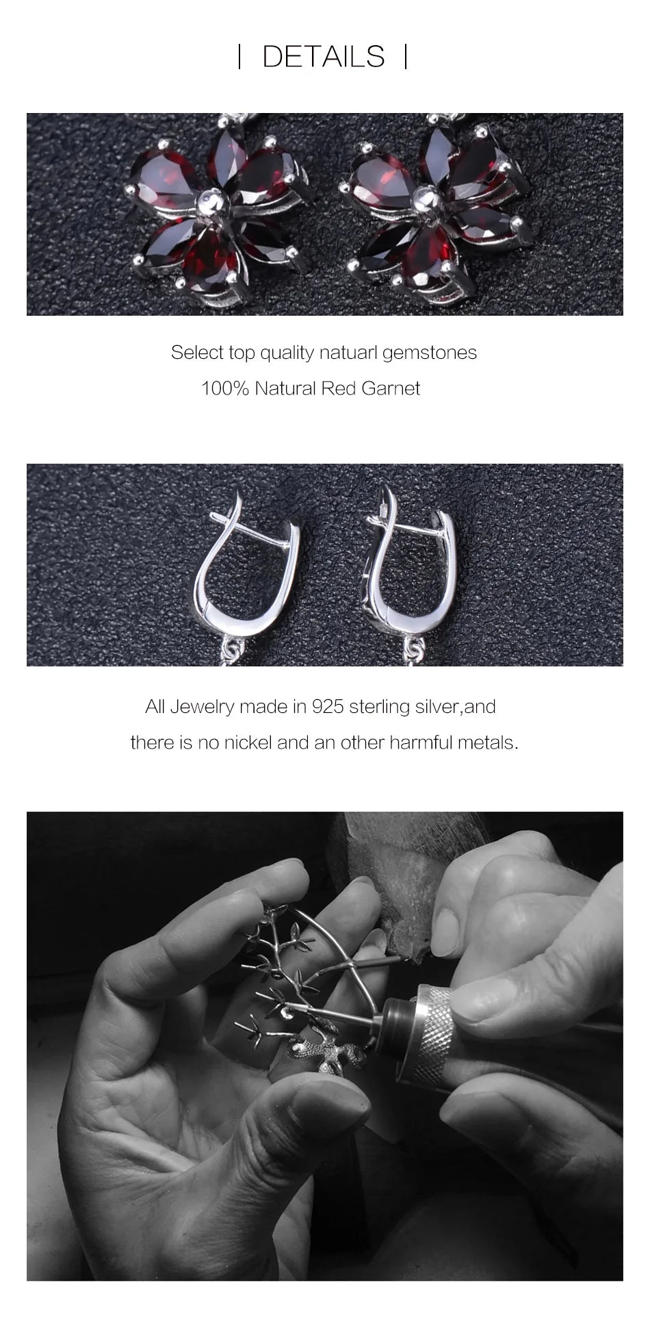 Gem's Ballet Solid 925 Sterling Silver Fine Jewelry Flower Design Garnet Stone Gorgeous Drop Earrings For Women