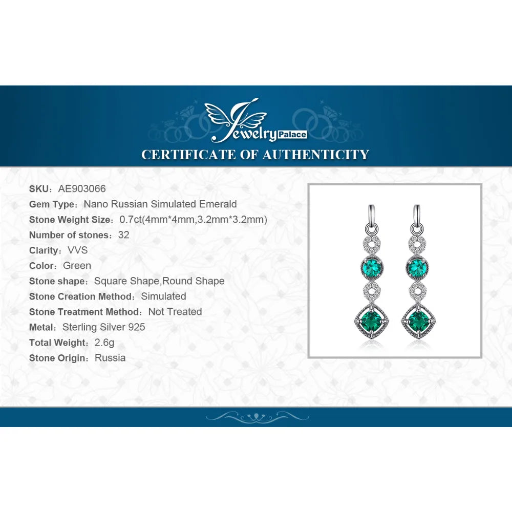 JewelryPalace Nano Created Emerald 925 Sterling Silver Drop Earrings for Woman Fashion Party Gift Trendy Fine Jewelry Accessory