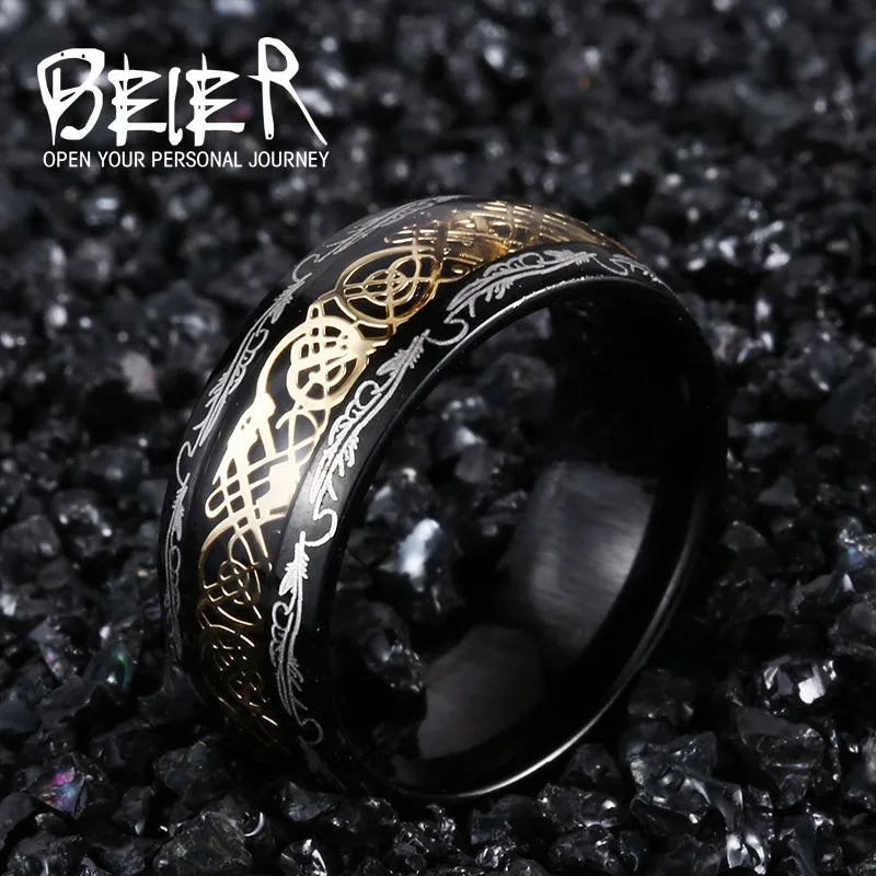 Beier 316L Stainless Steel Viking Runes Golden Dragon Man's Ring Blu-ray Simple Fashion High Quality Jewelry LLBR-R050R