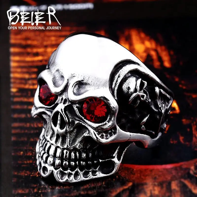 Beier new store 316L Stainless Steel ring top quality Big Tripple Skull Ring Punk Biker jewelry LLBR8-068R