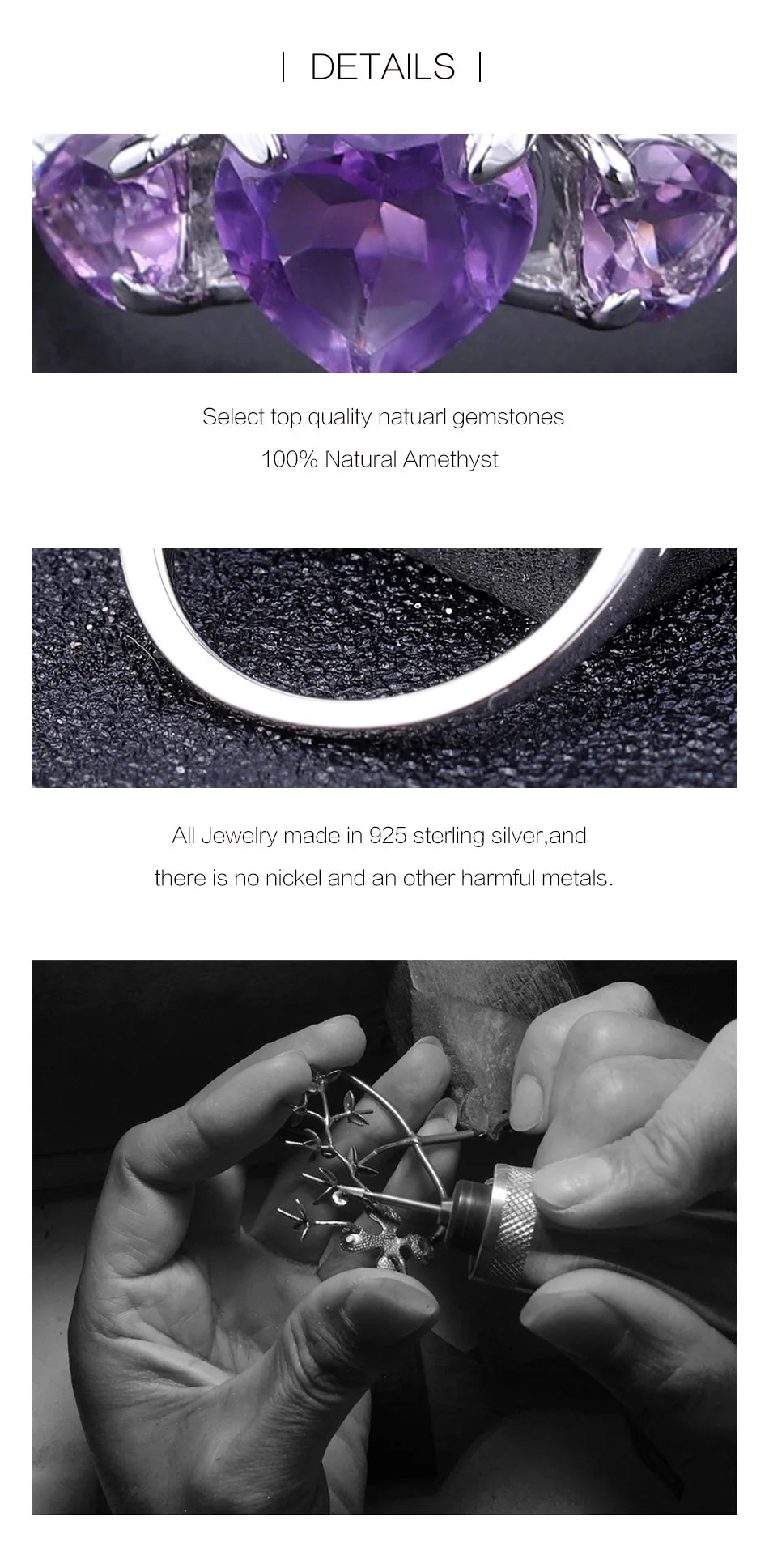 GEM'S BALLET 925 Sterling Silver February Birthstone Ring 1.71Ct Natural Amethyst Heart Rings For Women Valentine's Day Jewelry