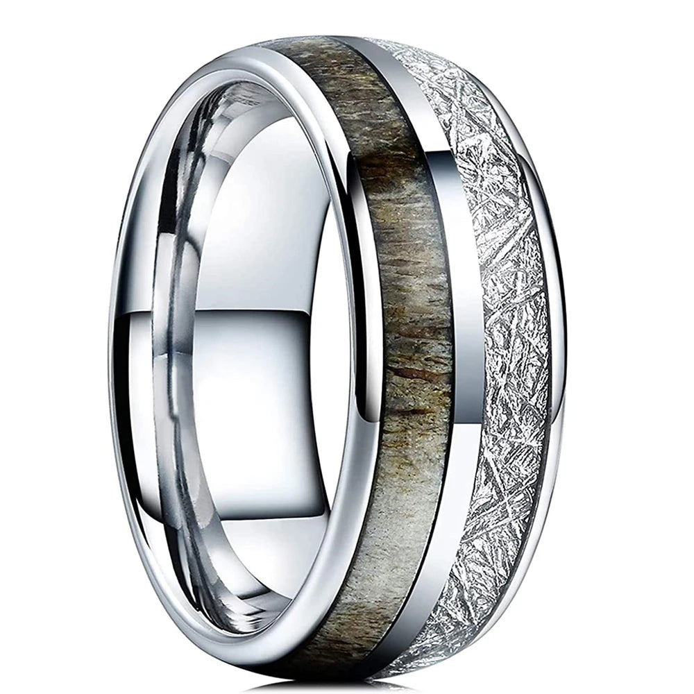 Fashion 8mm Black Color Stainless Steel Rings for Men Double Groove Meteorite Inlay Dome Men Finger Ring Wedding Band Jewelry