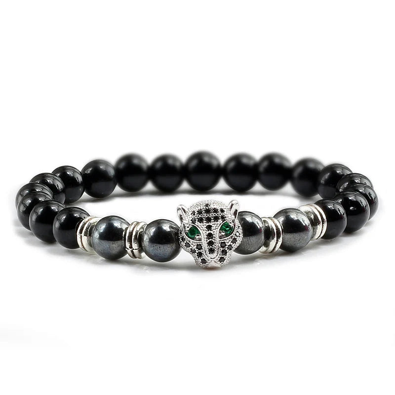 Pulsera de 12 estilos para hombre, lava negra, cuentas de equilibrio curativo, Reiki, Buda, oración, piedra natural, pulsera de yoga para mujer, cabeza de leopardo