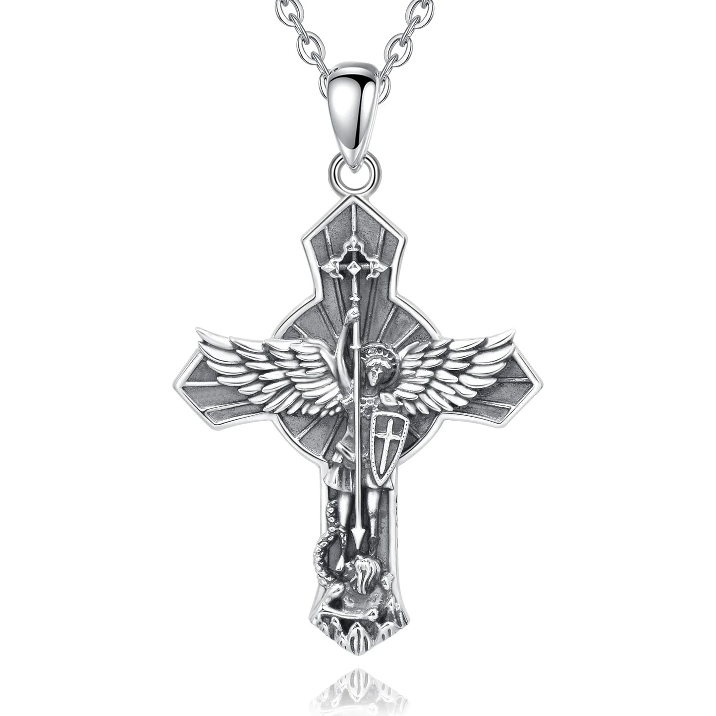 Eudora New 925 Sterling Silver St. Michael Archangel Necklace Cross Vintage Wing Pendant Religious Jewelry Gift to Men Women