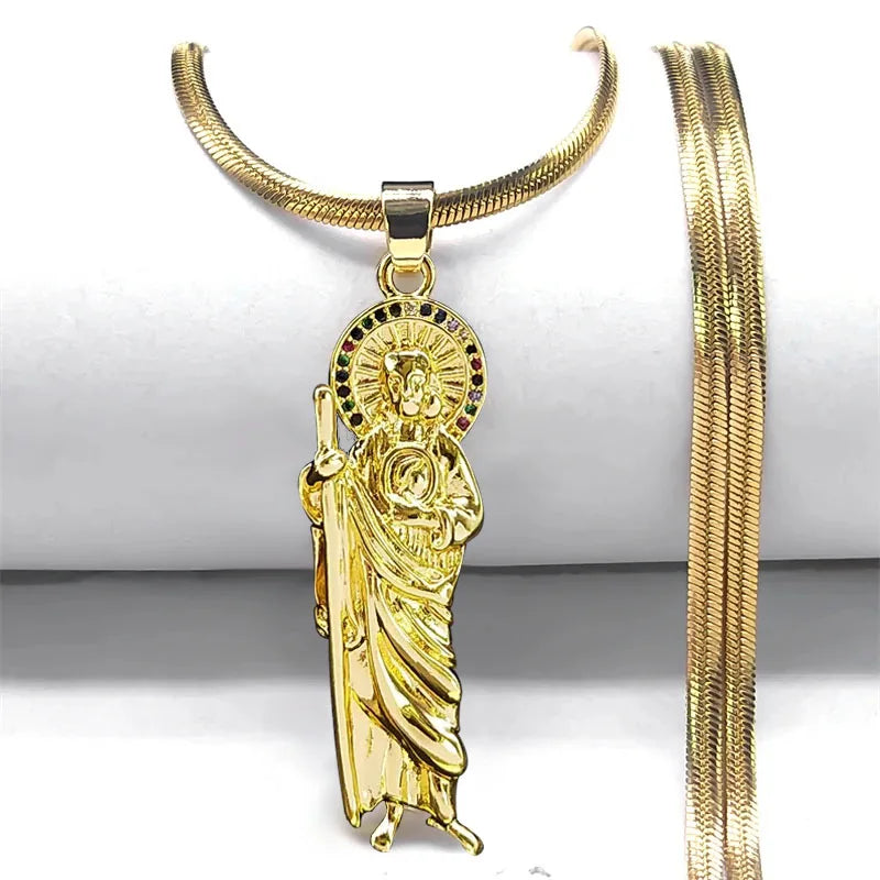 San Judas Tadeo Necklace Zircon Copper Religion Pendant Stainless Steel Snake Chain Saint Jude Thaddeus Necklaces Jewelry NGG43