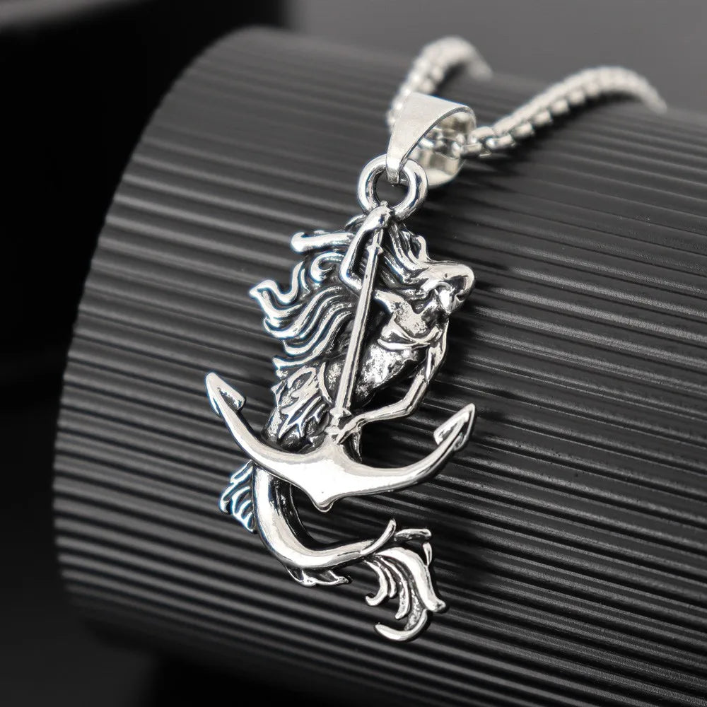 New Vintage Mermaid Anchor Pendant Charm Men's Necklace Fashion Hip Hop Punk Jewelry Accessories Party Gift Wholesale