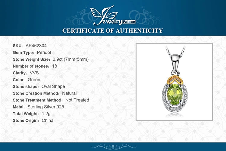 JewelryPalace Oval Cut Genuine Natural Green Peridot 925 Sterling Silver Pendant Necklace Gemstone Necklace for Women No Chain