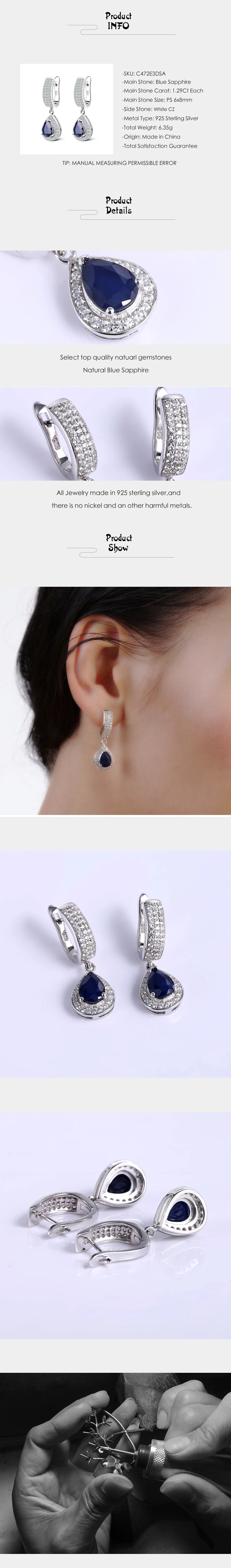 GEM'S BALLET 1.29ct Natural Sapphire Gemstone Drop Earrings Solid 925 Sterling Silver Fine Jewelry For Women Wedding