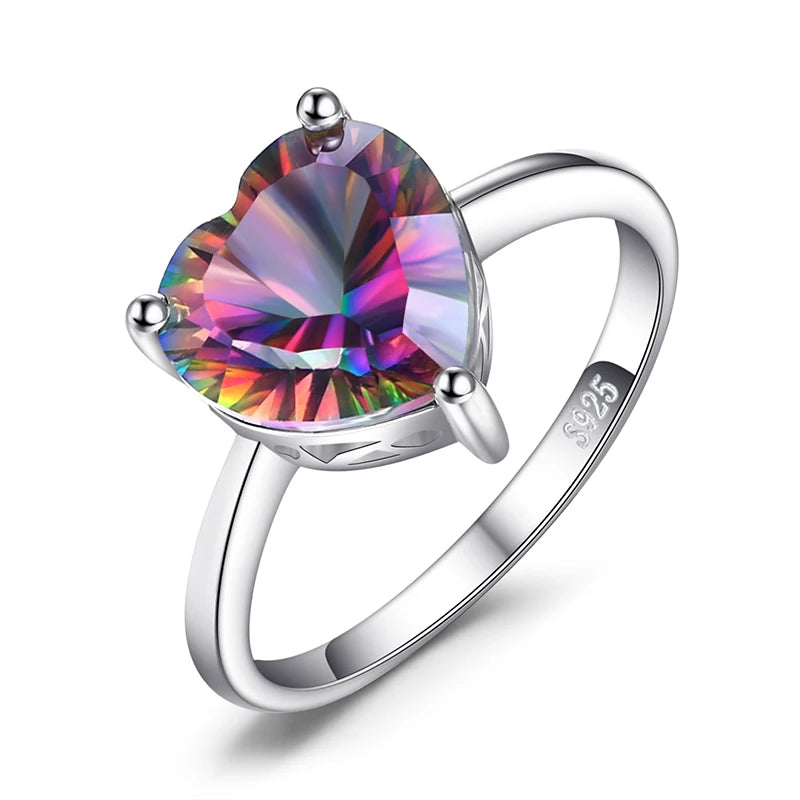 JewelryPalace Heart Natural Rainbow Mystic Quartz Solitaire 925 Sterling Silver Rings Women Fashion Colorful Gemstone Jewelry