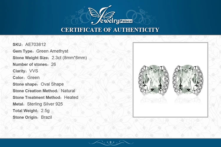 JewelryPalace Genuine 2.3ct Oval Green Amethyst 925 Sterling Silver Stud Earrings for Women Statement Gemstone Fine Jewelry