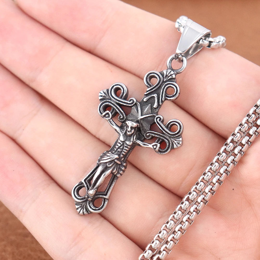 Vintage Stainless Steel Jesus Cross Necklace Men's Classic Religious Believer INRI Cross Pendant Jewelry Creative Gift