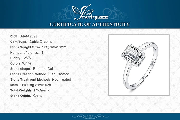 JewelryPalace 5A CZ Emerald Cut Solitaire 925 Sterling Silver Wedding Engagement Ring for Woman Anniversary Gift Fine Jewelry