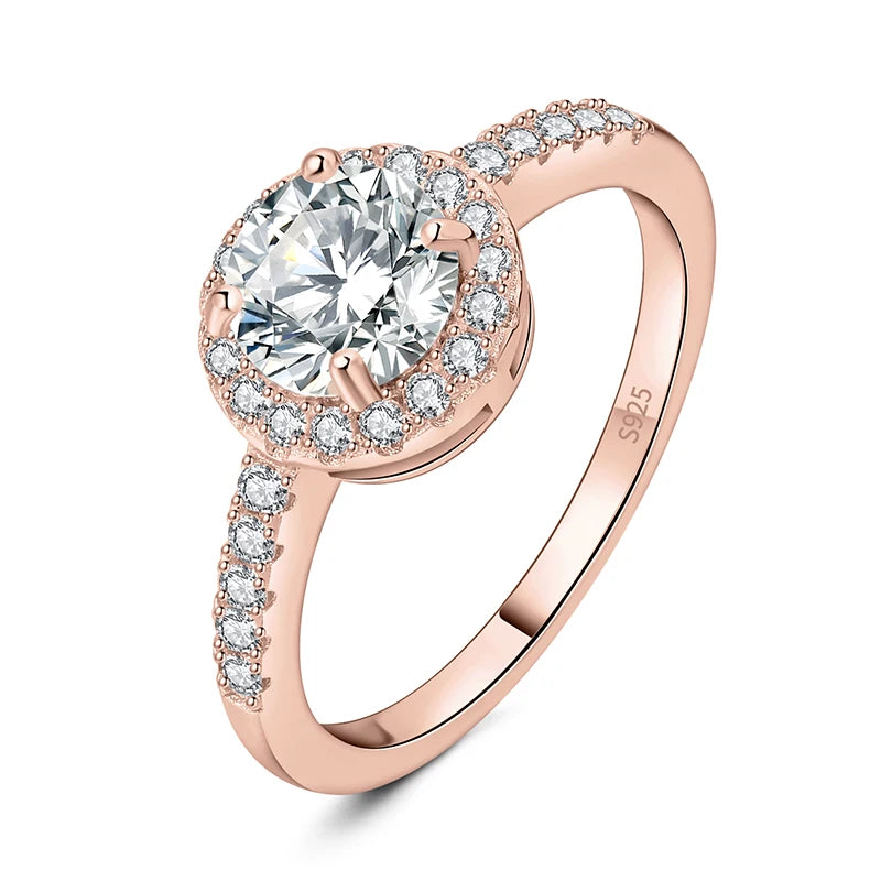 JewelryPalace Moissanite D Color 1ct Round 925 Sterling Silver Wedding Engagement Halo Ring for Woman Yellow Rose Gold Plated