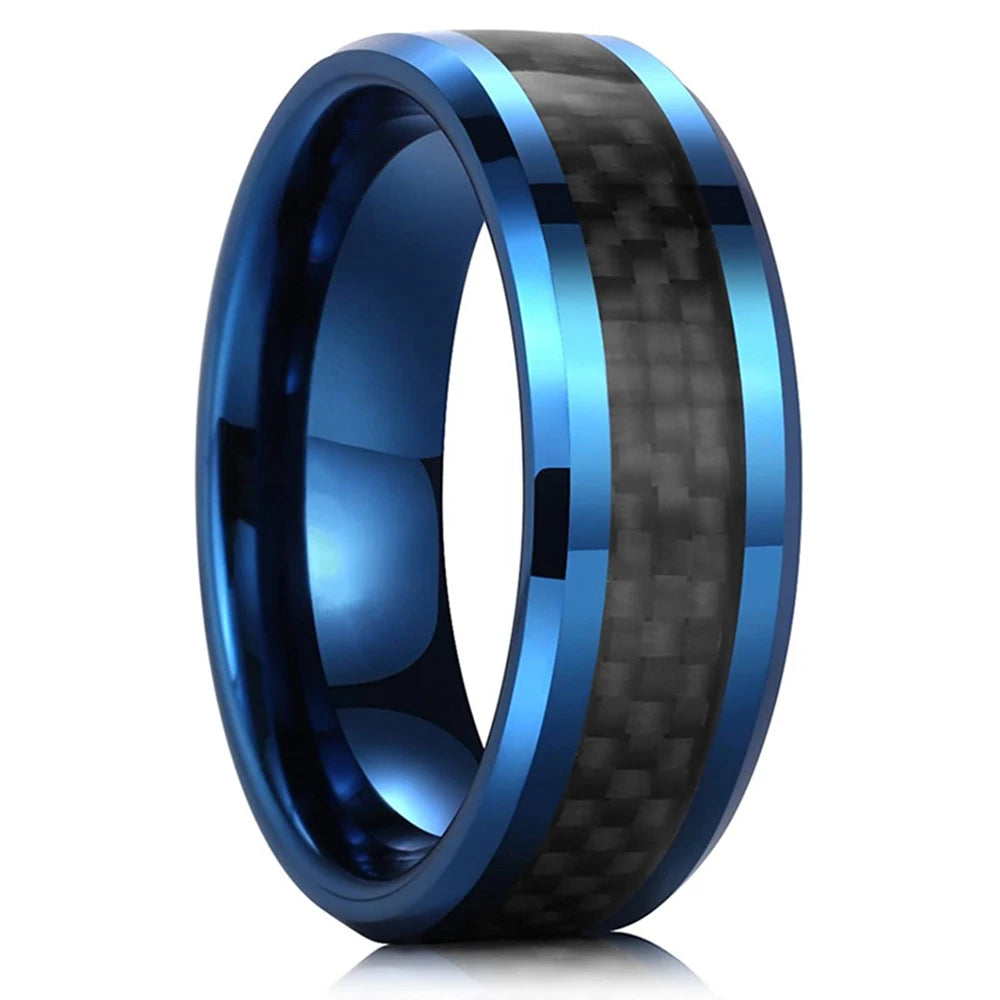 Classic 8mm Men Ring Titanium Stainless Steel Ring Inlay Black Blue Carbon Fiber Ring Wedding Jewelry Christmas Gift Accessories