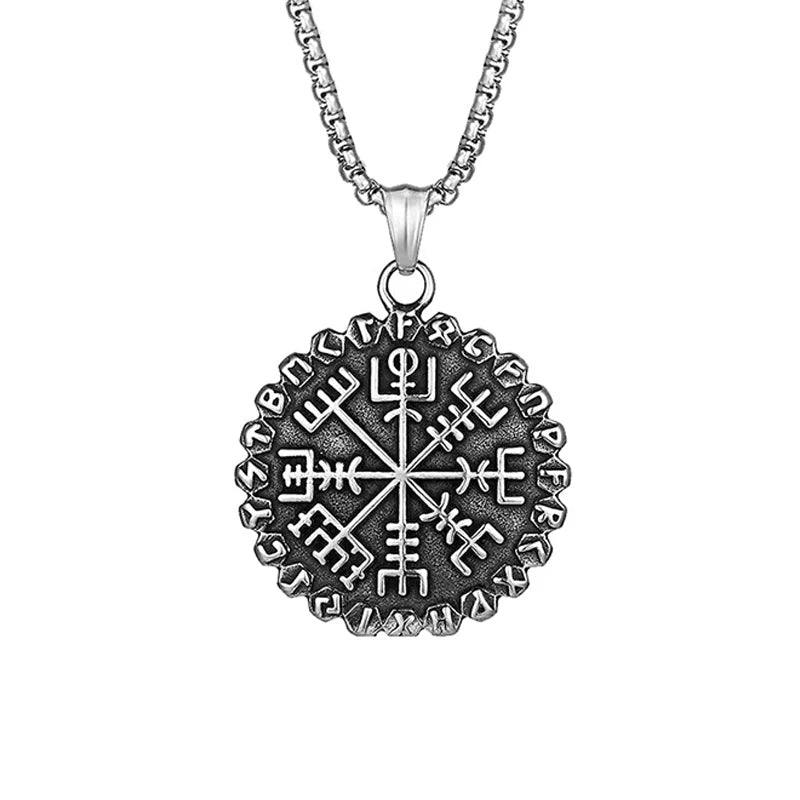 Stainless Steel Men Nordic Guidepost Compass Necklace Vintage Viking Rune Pendant Chain Vegvisir Amulet Scandinavian Norse Gifts