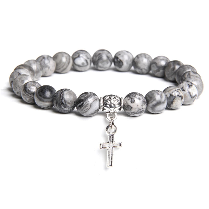 Natural Stone Bracelet Black Labradorite Turquoises Beads Religion Jesus Cross Pendant Bracelets for Men Women Prayer Jewelry
