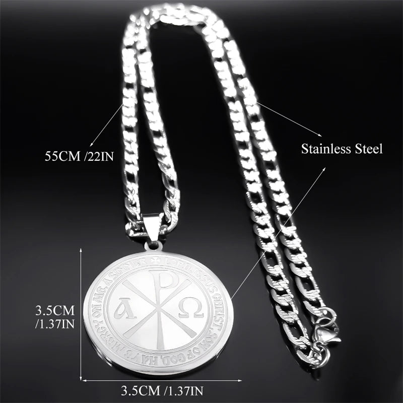 Chi Rho ΧΡ Constantine Cross Necklace Men Stainless Steel Alpha And Omega Christian Greek Alphabet Necklaces Jewelry 9717