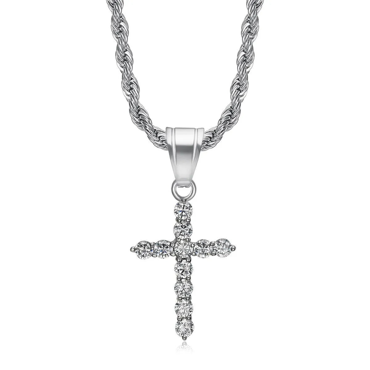 Fashion Jewelry Stainless Steel Cross Aglare Crystal Hip Hop Gold Charm Pendant Necklace Twist Chain