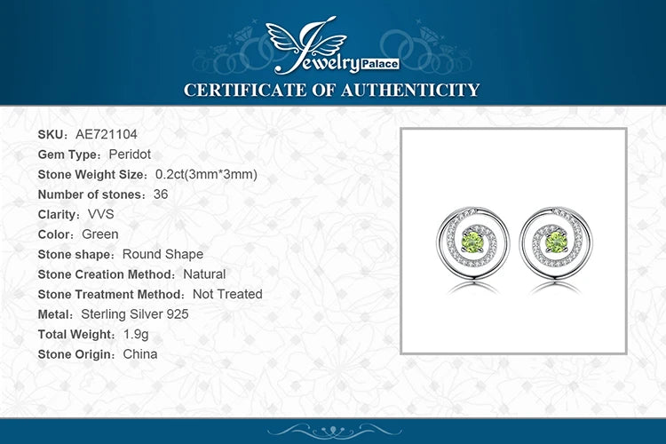 JewelryPalace Circle Round Natural Peridot 925 Sterling Silver Stud Earrings for Women Green Gemstone Fine Jewelry Birthday Gift