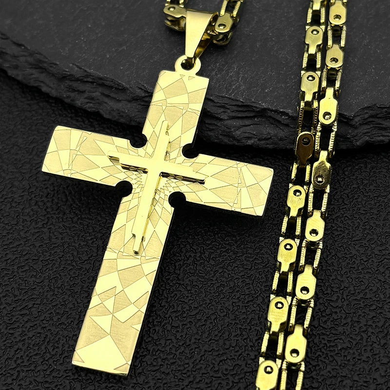 Punk Big Jesus Cross Necklace for Men Women Stainless Steel Gold Silver Color Byzantine Chain Jewelry Boy Friend Gift Jewelry