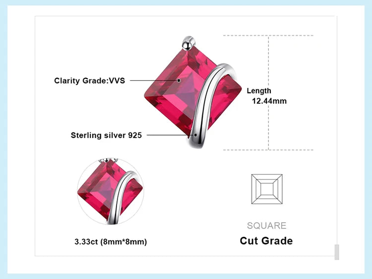 JewelryPalace Square Created Red Ruby 925 Sterling Silver Pendant Necklace Gemstones Choker Statement Necklace Without Chain