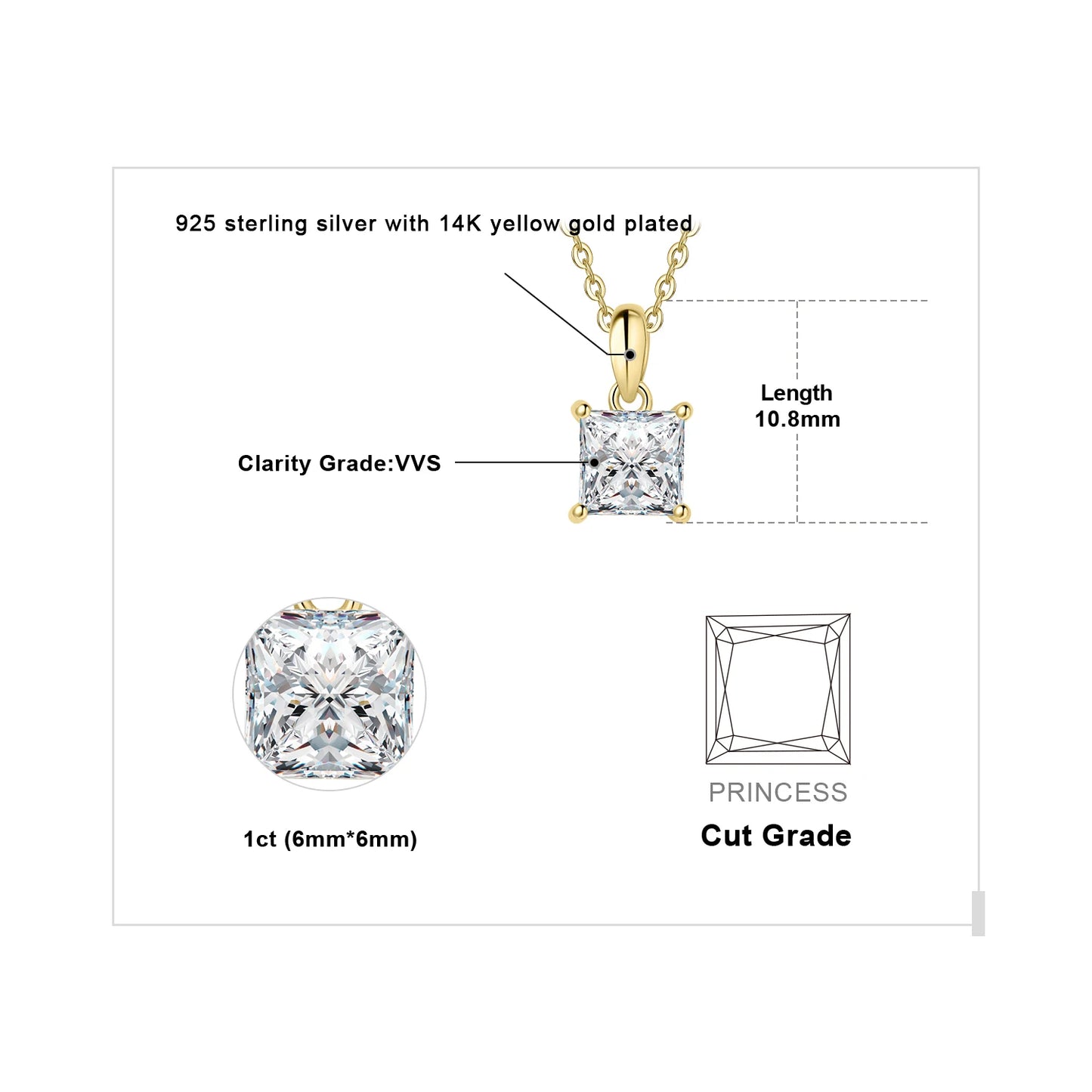 JewelryPalace Moissanite D Color 1ct Princess 925 Sterling Silver Pendant Necklace for Woman No Chain Yellow Rose Gold Plated
