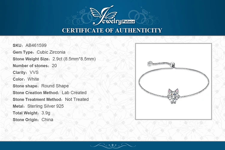 JewelryPalace New Arrival Love Cat 1.7ct Round Gemstone 925 Sterling Silver Adjustable Link Bracelet for Woman Fine Jewelry Gift