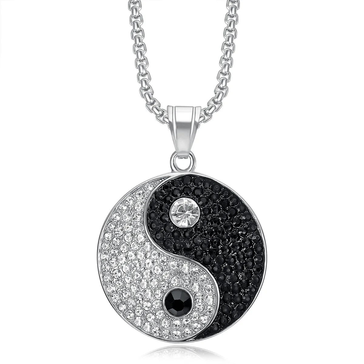 Unisex HipHop Rhinestone Jewelry Stainless Steel Gold Plated YinYang Bagua Pendant Necklace for Gift