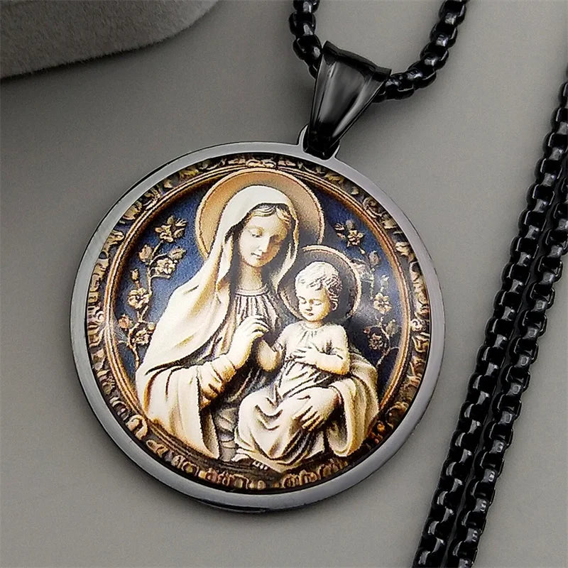 Virgin Mary Hold Baby Jesus Glass Round Medal Pendant Necklace for Women Men Stainless Steel Gold Color Catholic Amulet Jewelry