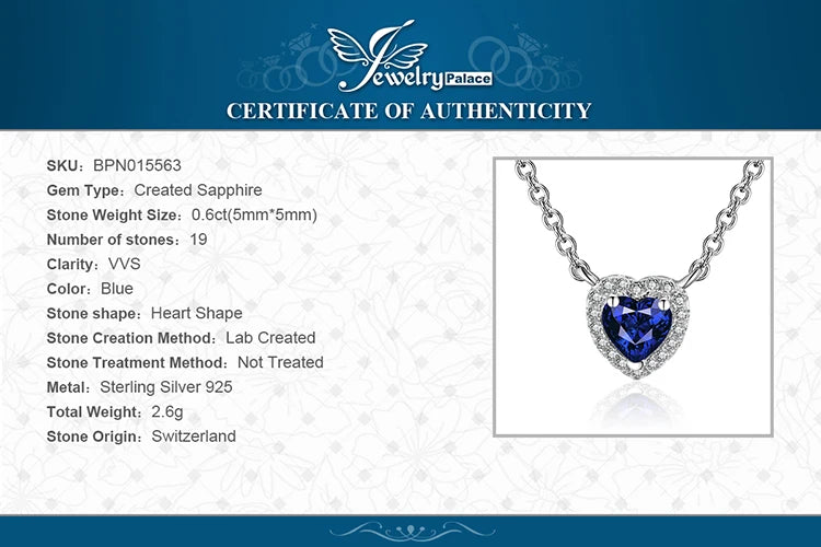 JewelryPalace Heart Created Blue Sapphire 925 Sterling Silver Pendant Necklace for Woman Gemstone Fine Jewelry Fashion Gift 45cm