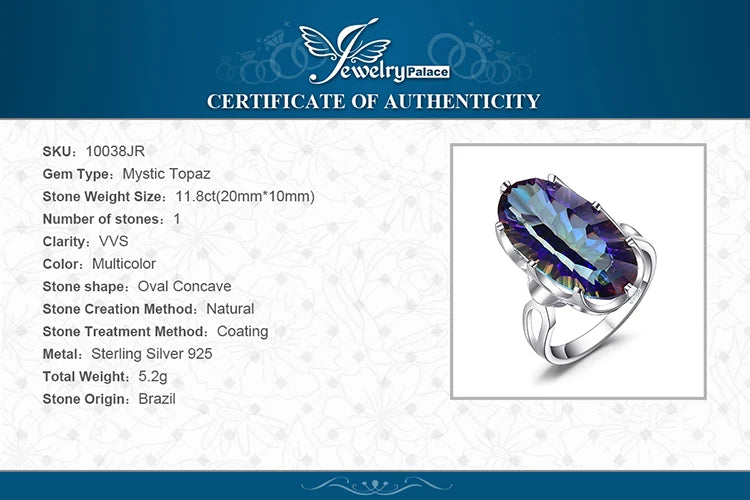 JewelryPalace Large Genuine Natural Rainbow Fire Mystic Quartz Solid 925 Sterling Silver Ring for Women Statement Cocktail Ring