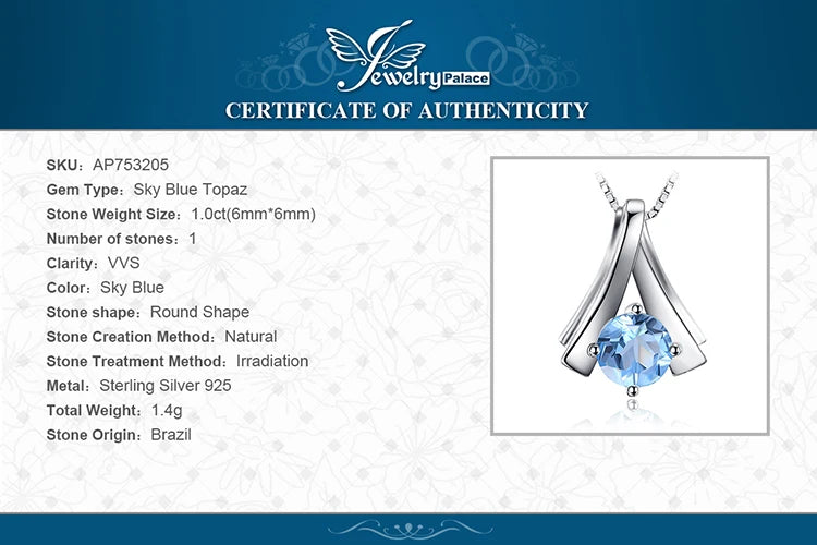 JewelryPalace 1ct Round Natural Blue Topaz 925 Sterling Silver Pendant Necklace for Woman No Chain