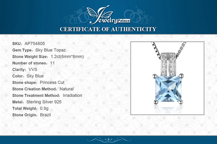 JewelryPalace 1.2ct Princess Cut Blue Topaz 925 Sterling Silver Pendant Necklace for Woman No Chain