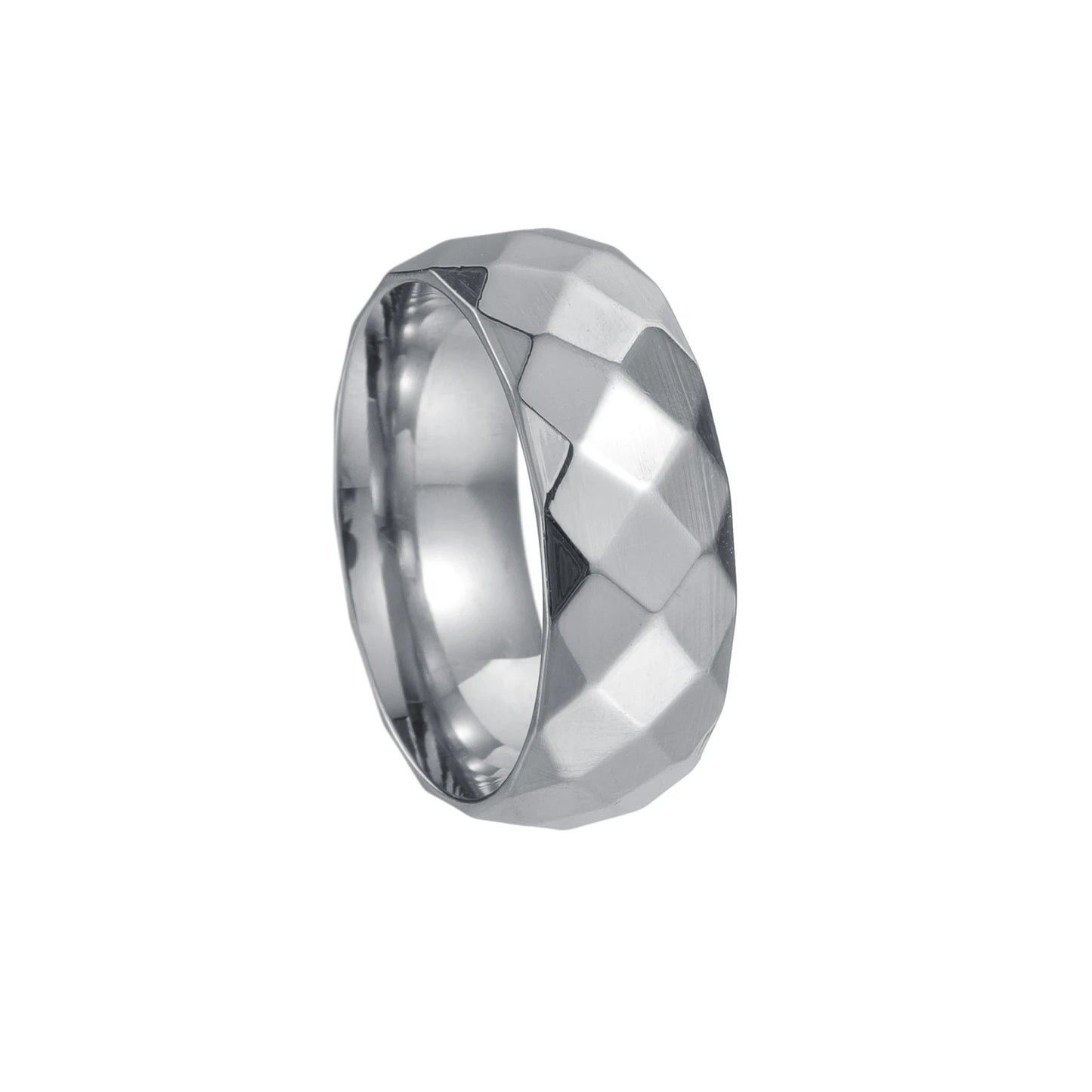 8mm width polished faceted silvery color men's Stainless steel ring USA size 6-13