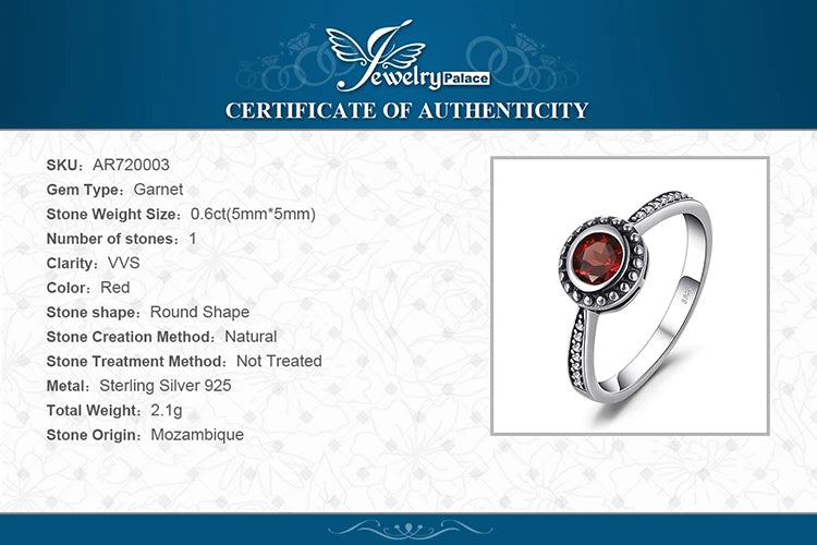 JewelryPalace Vintage 5mm Natural Garnet 925 Sterling Silver Ring for Woman Fashion Gemstone Jewelry Statement Anniversary Gift
