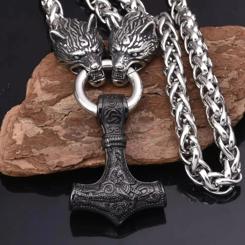 Viking Stainless Steel Fashion Style Double Wolf Head Thor's Hammer Pendant Necklace Men's Personality Charm Jewelry