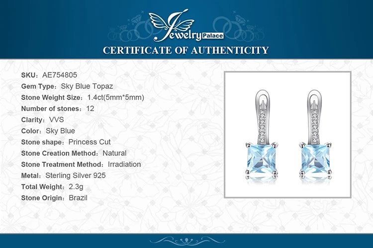 JewelryPalace 1.4ct Princess Cut Sky Blue Topaz 925 Sterling Silver Hoop Earrings for Woman Fashion Wedding Anniversary Gift
