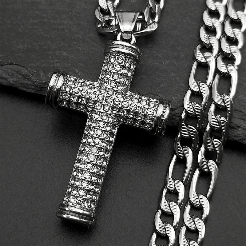 Christian Full Rhinestones JESUS CROSS Pendant Necklaces for Women Men Stainless Steel Gold Color Chain Amulet Necklace Jewelry